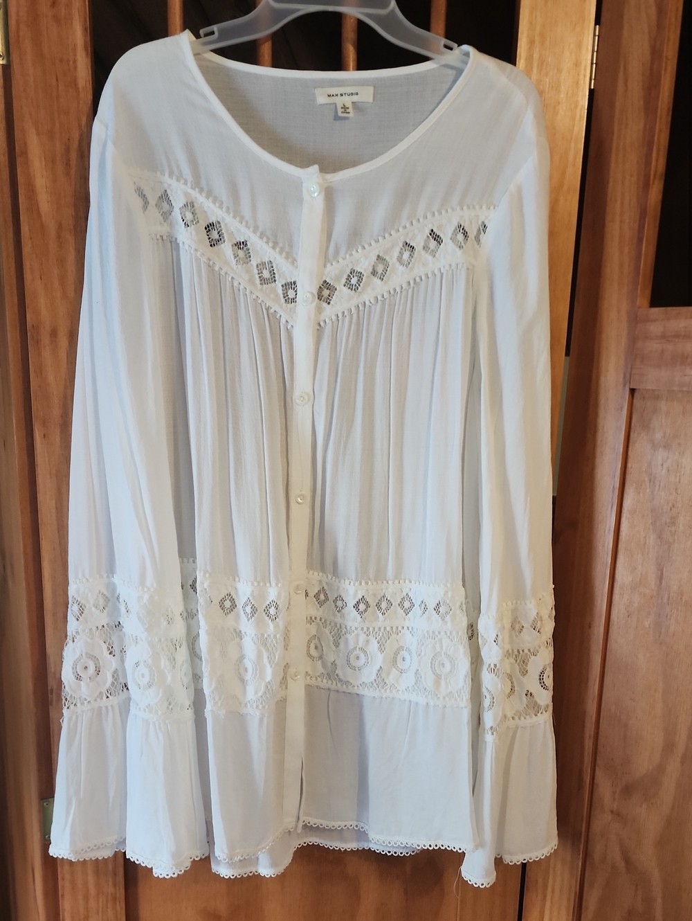 Max Studio White Crochet-Trim Flowing Tunic Top